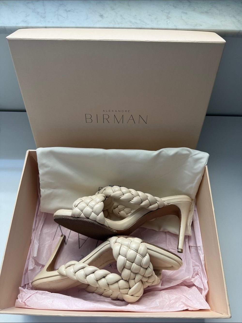 Alexander Birman Braided Leather High Heel Slide Sandals in Cream